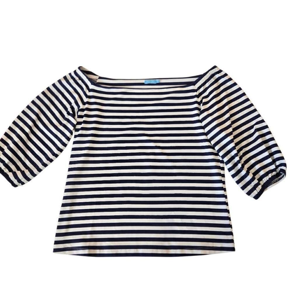 J McLaughlin Womens Navy White Stripe Off Shoulder Puff Sleeve To